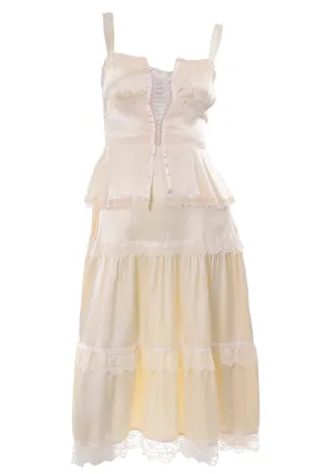 1970s Gunne Sax Cream Satin Dress w/ Corset Top & Lace Trim Tiers