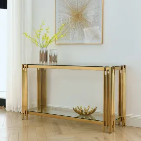 55" Modern Glass Console Table, Gold Frame with Clear Tempered Glass Top