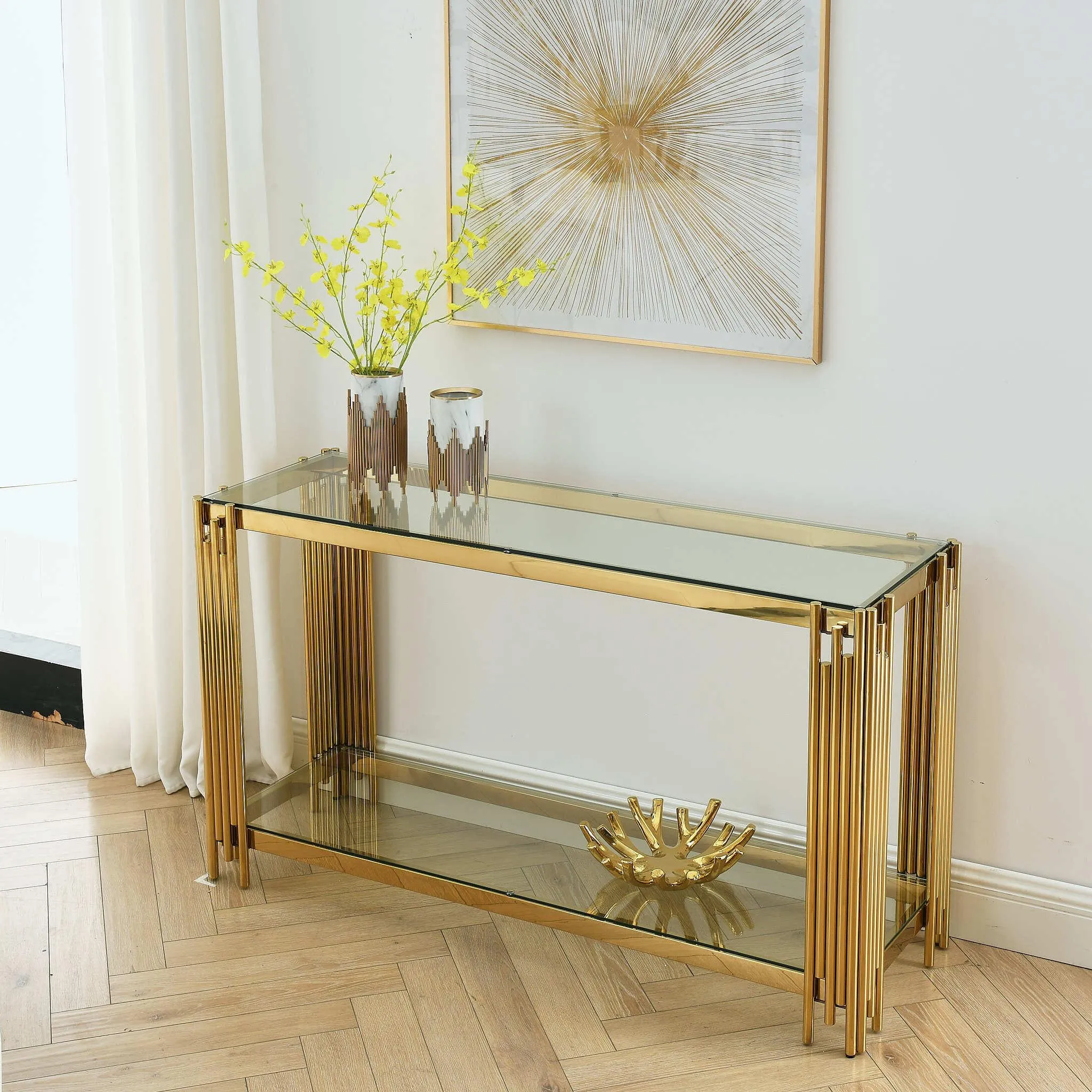 55" Modern Glass Console Table, Gold Frame with Clear Tempered Glass Top