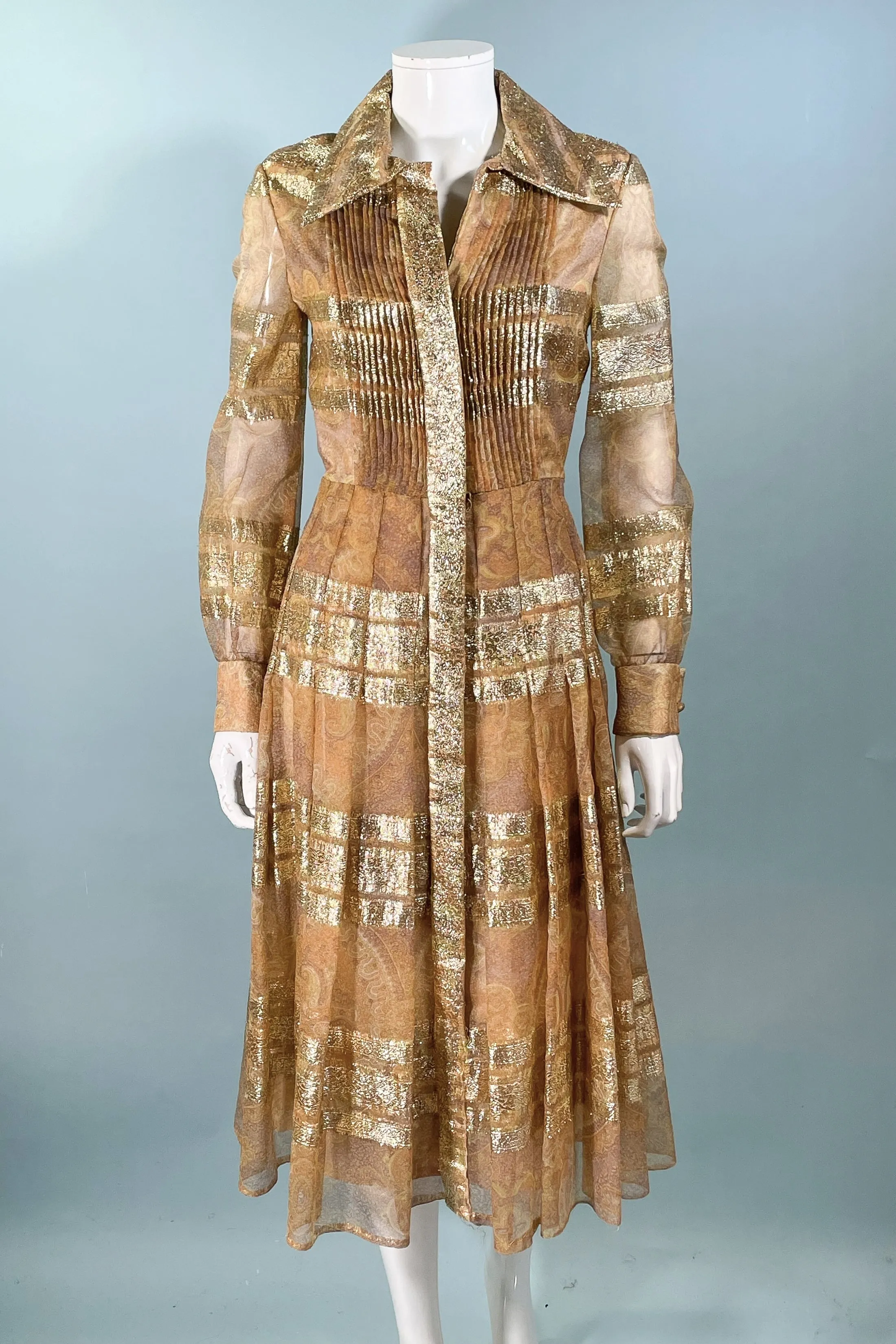 70s Bohemian Gold Accented Party Dress, Indian Ethnic Boho Design 31" W