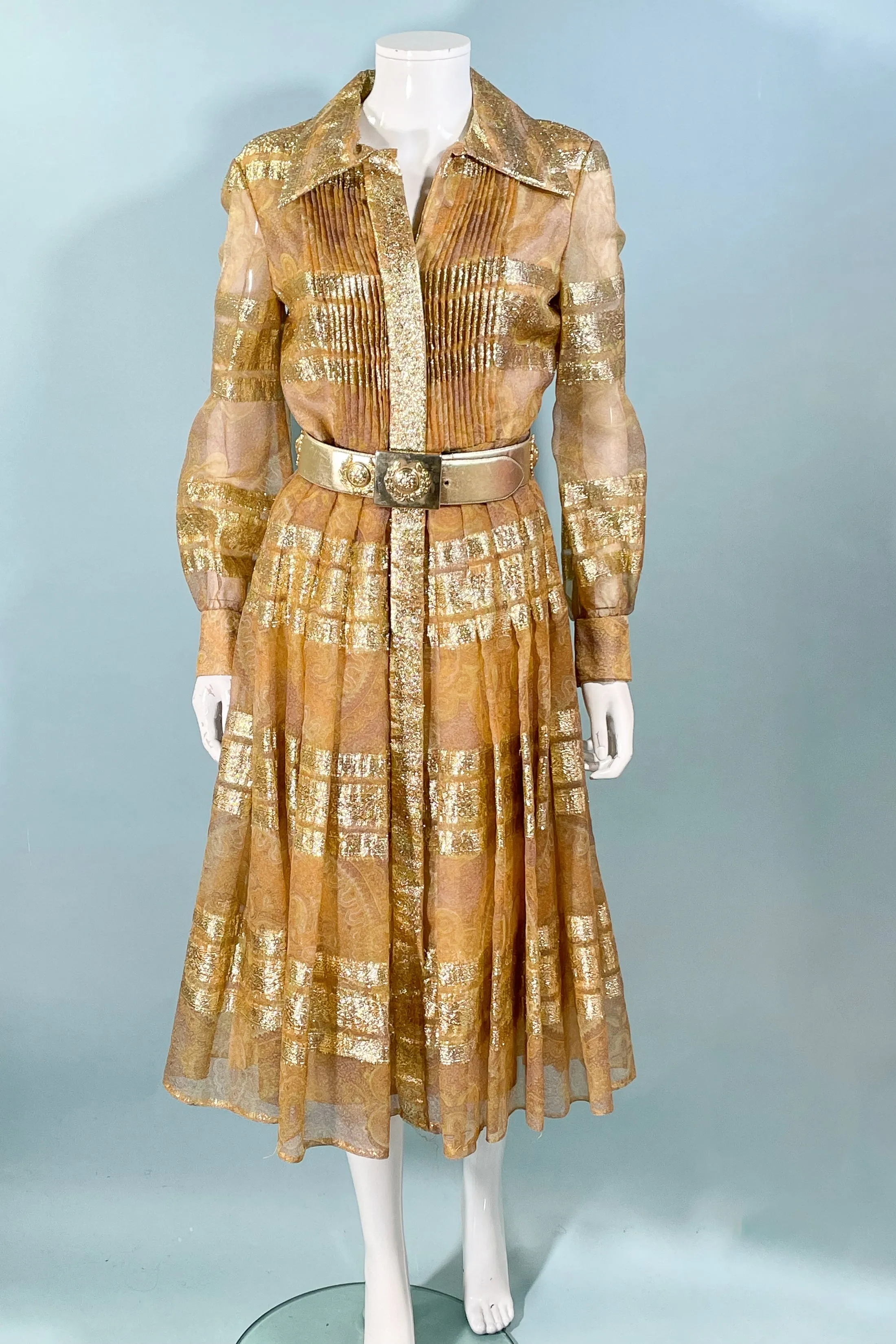 70s Bohemian Gold Accented Party Dress, Indian Ethnic Boho Design 31" W