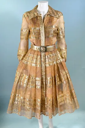 70s Bohemian Gold Accented Party Dress, Indian Ethnic Boho Design 31" W