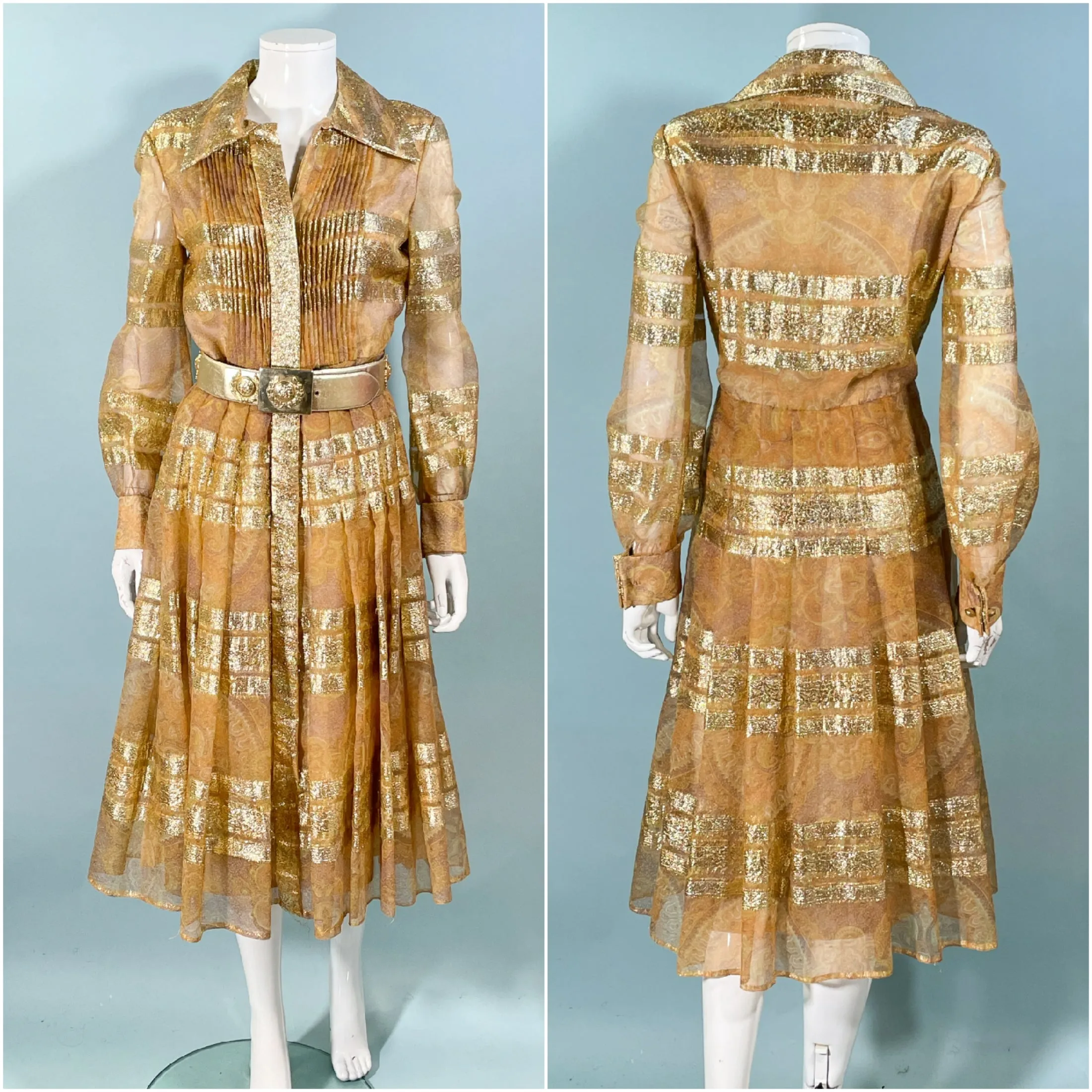 70s Bohemian Gold Accented Party Dress, Indian Ethnic Boho Design 31" W