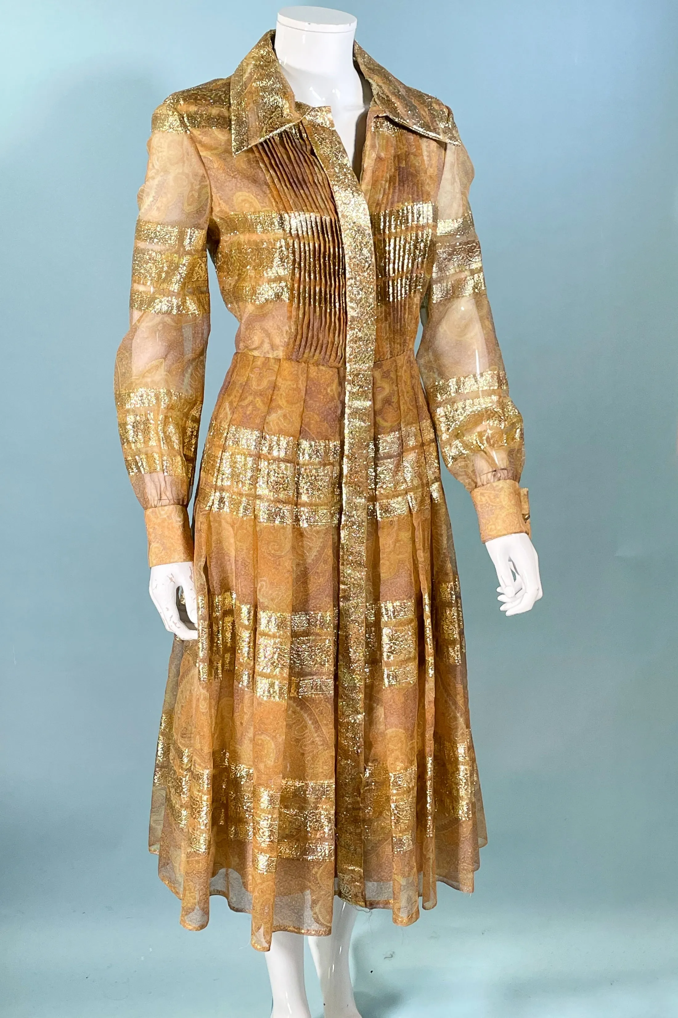 70s Bohemian Gold Accented Party Dress, Indian Ethnic Boho Design 31" W