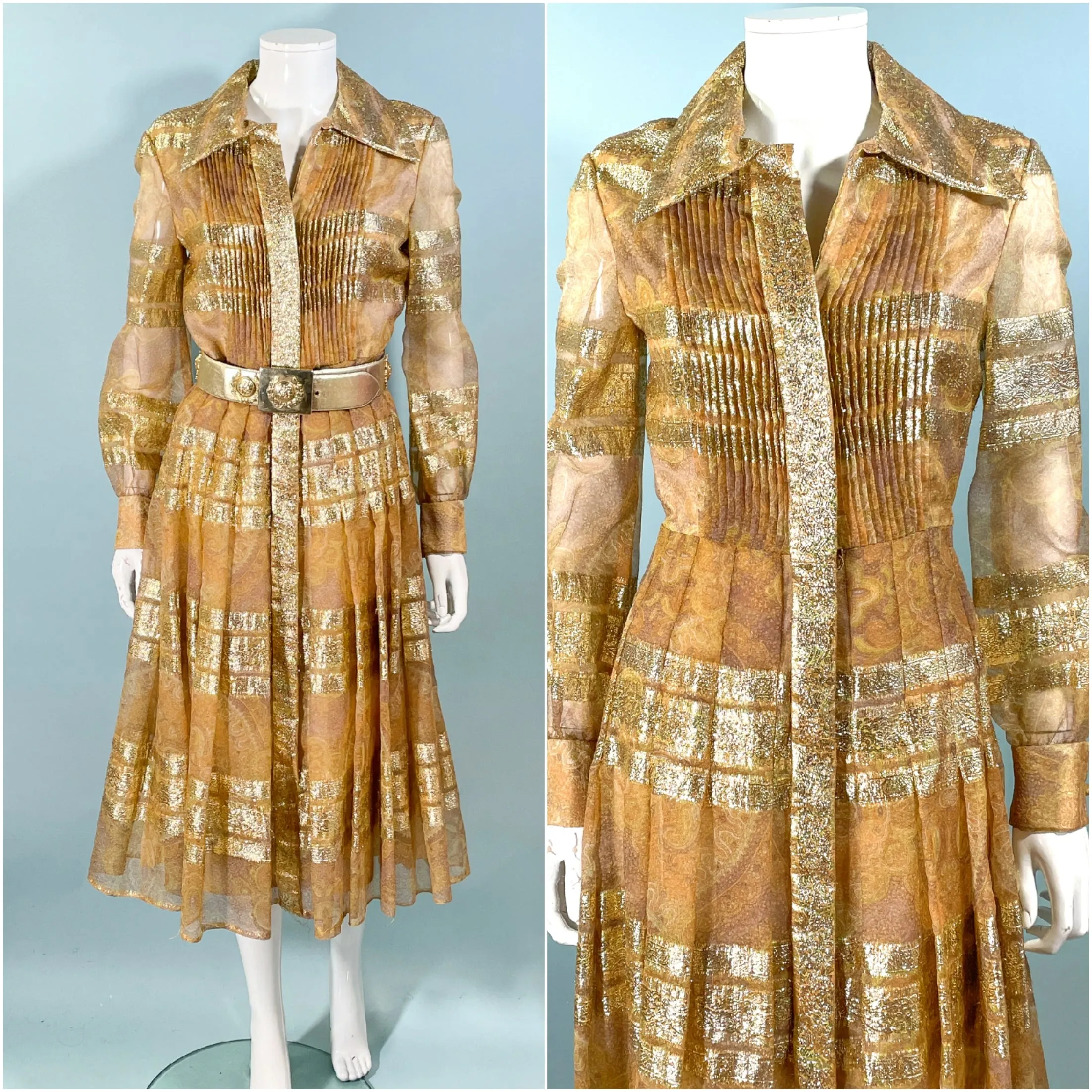 70s Bohemian Gold Accented Party Dress, Indian Ethnic Boho Design 31" W