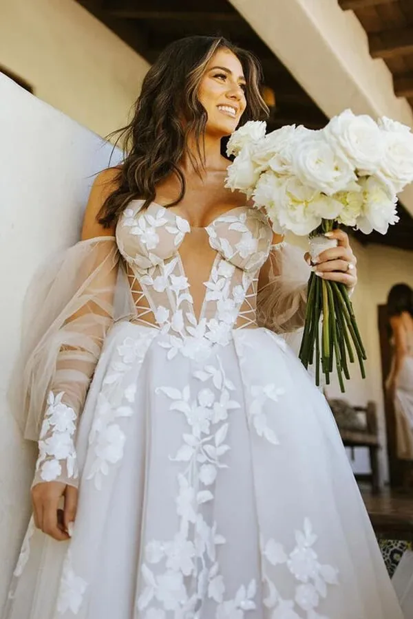 A-line Off Shoulder Long Sleeves Lace Appliques Bohemian Wedding Dress, SW589