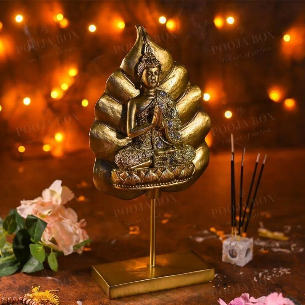 Antique Golden Buddha On Standing Bodhi Leaf