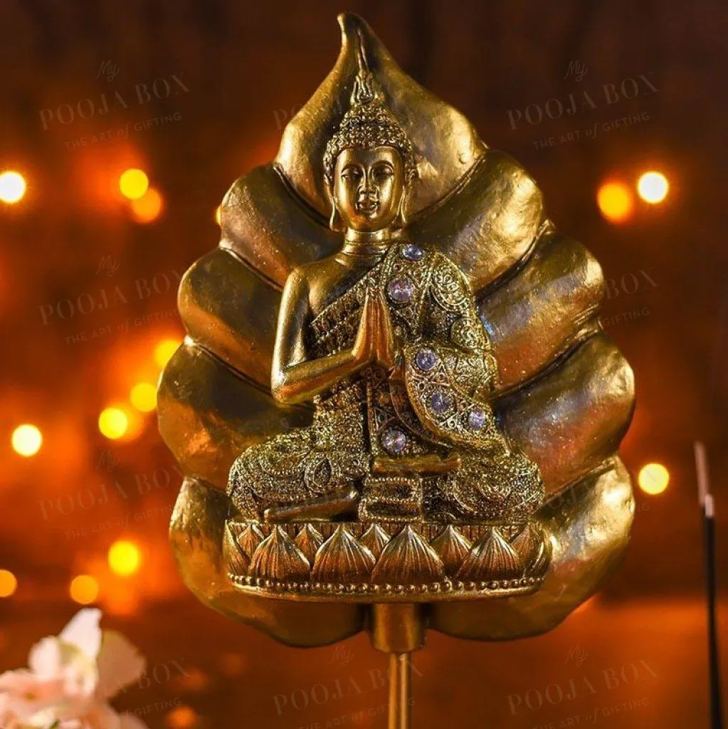 Antique Golden Buddha On Standing Bodhi Leaf