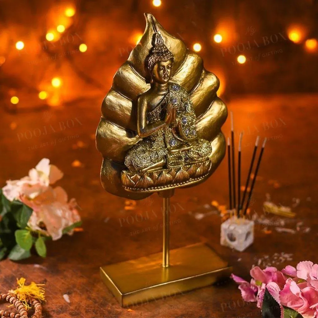 Antique Golden Buddha On Standing Bodhi Leaf