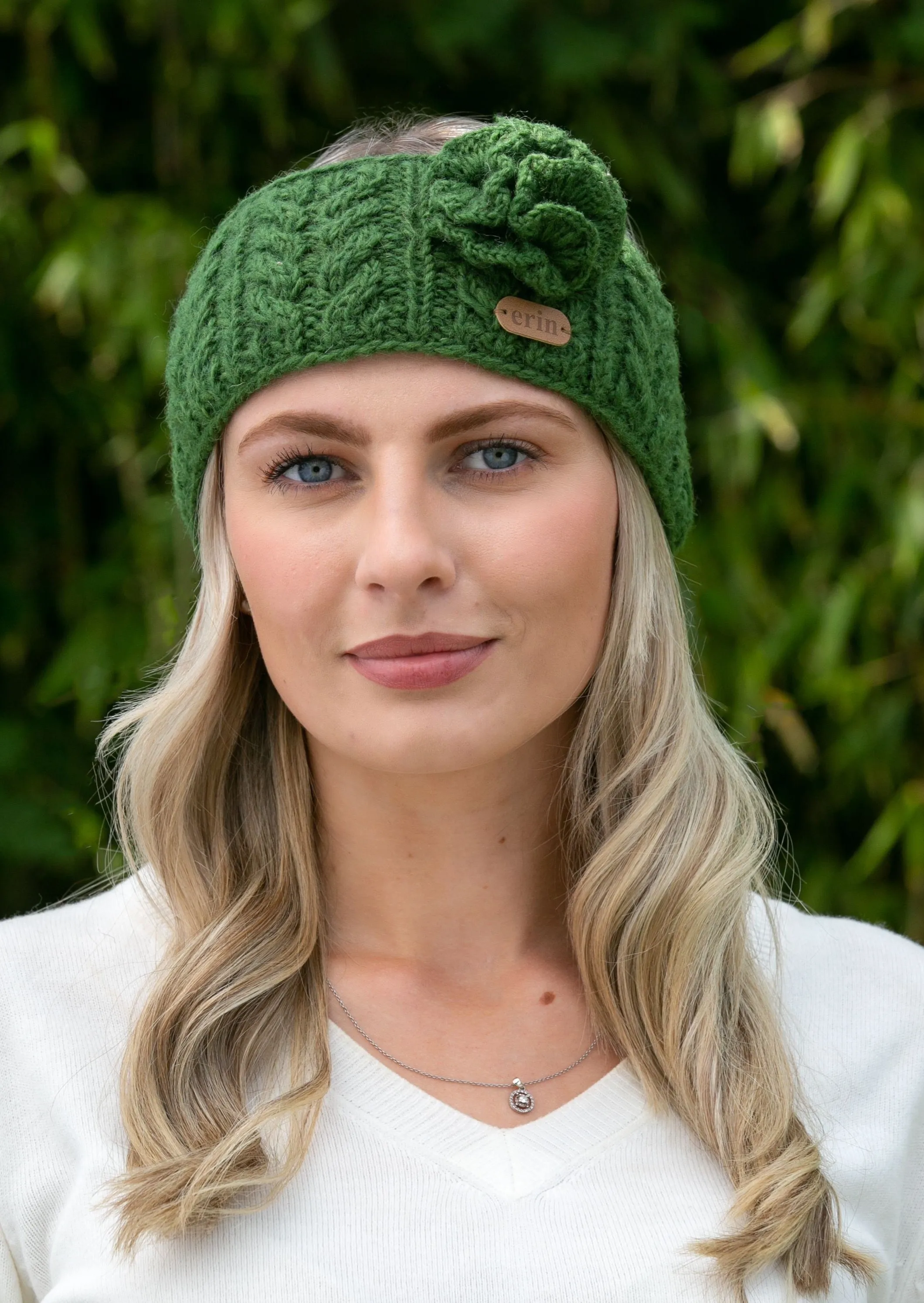 Aran Cable Knitted Wool Flower Headband | Green