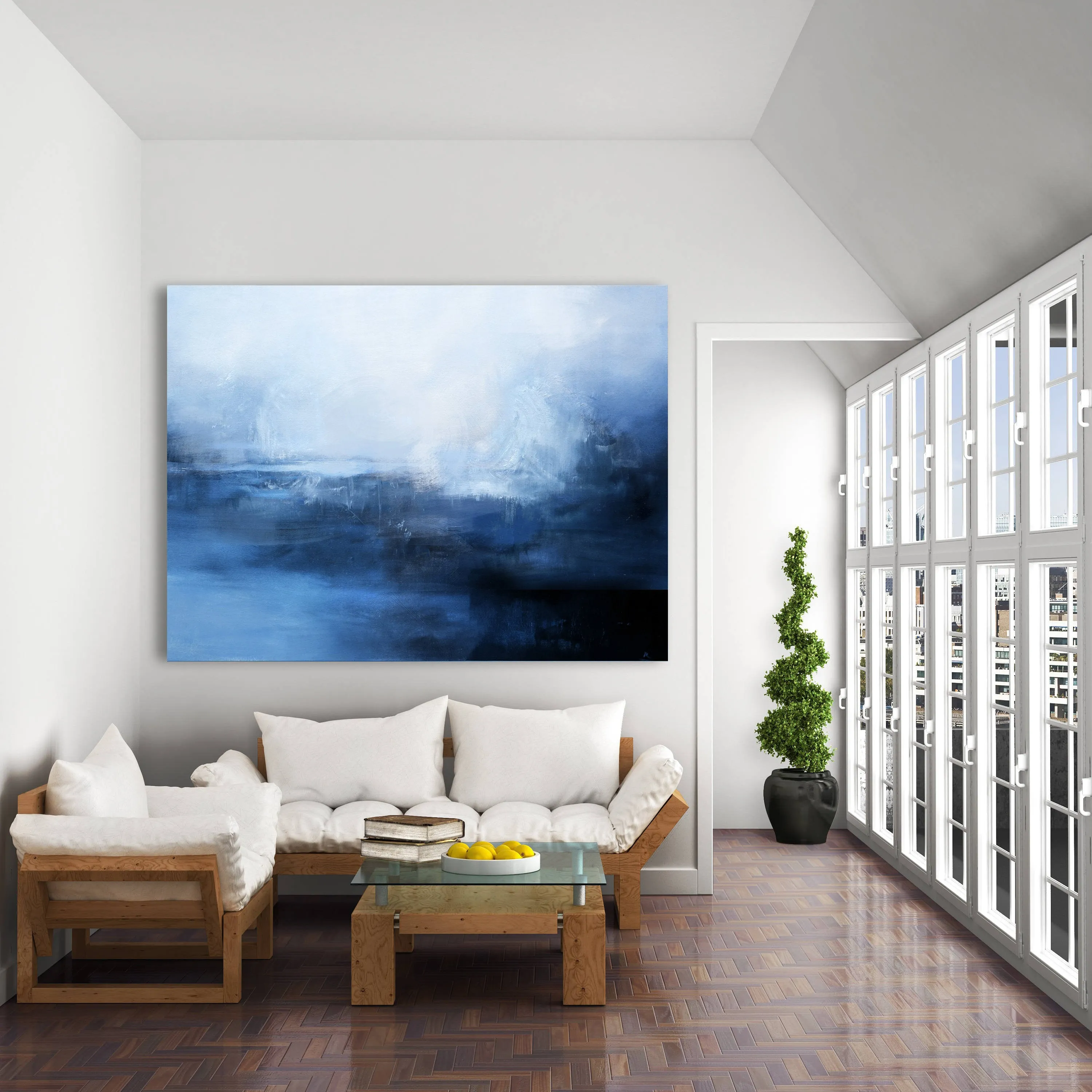 Blue Sky Abstract Painting Dark Blue Ocean Painting Sp084