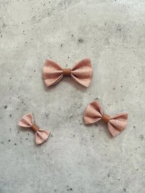 Blush Pink Burlap Bow Tie w/ Faux Leather Vintage Tan Center Strap