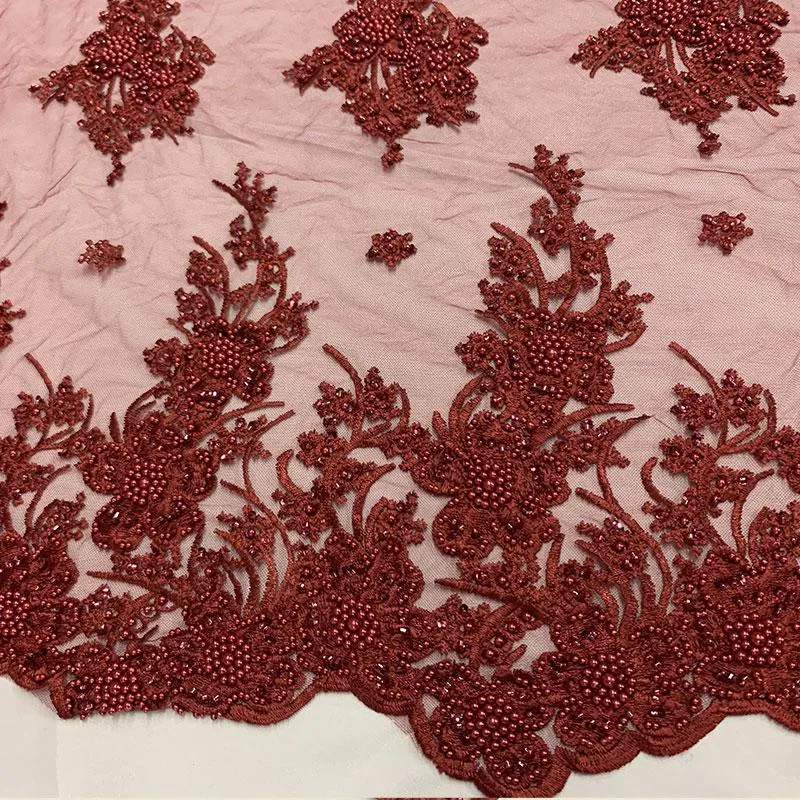 Burgundy Beaded Fabric _ Lace Floral embroidered fabric _ Bridal Fabric