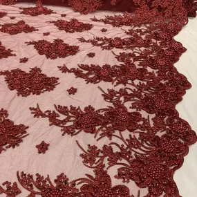 Burgundy Beaded Fabric _ Lace Floral embroidered fabric _ Bridal Fabric