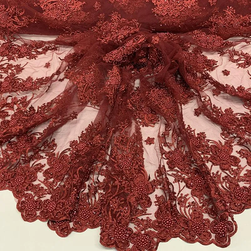 Burgundy Beaded Fabric _ Lace Floral embroidered fabric _ Bridal Fabric