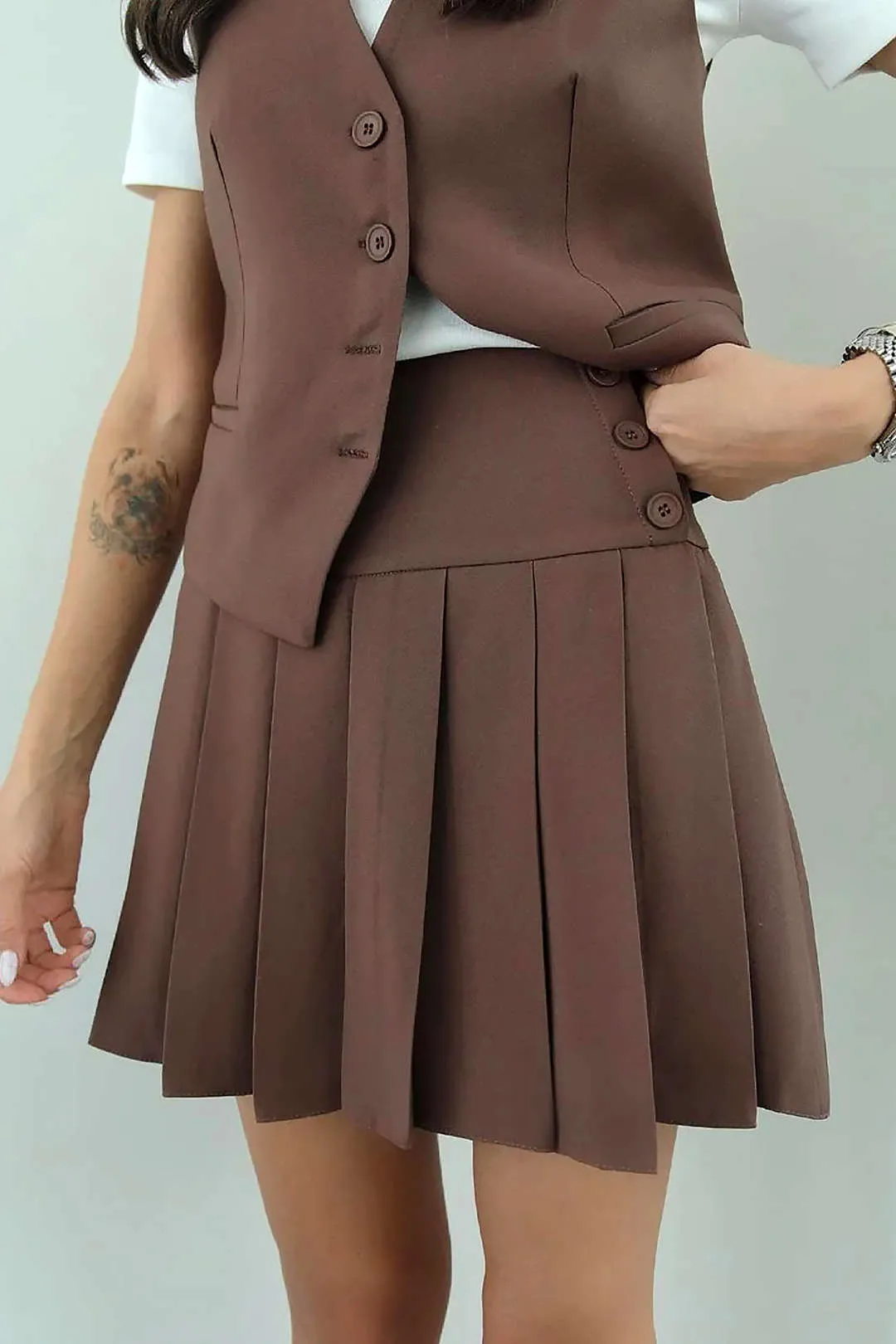 Button Up Vest And Pleated Skirt Sets