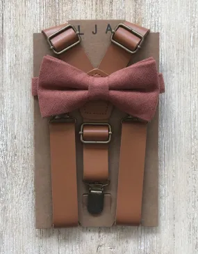 Caramel Brown Suspenders with Desert Coral Linen Pre-Tied Bow Tie