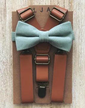 Caramel Brown Suspenders with Dusty Sage Bow Tie Set