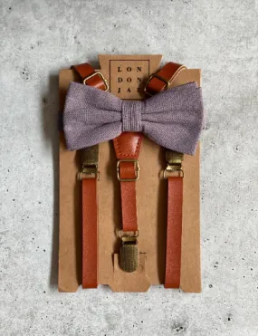 Cognac Brown Suspenders & Fog Lavender Bow Tie Set