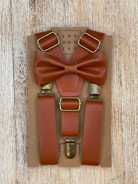 Cognac Faux Leather Suspender With Cognac Faux Leather Bow Tie