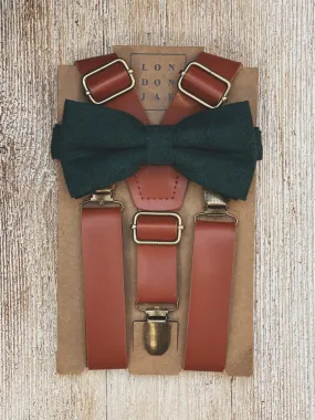 Cognac Faux Leather Suspenders with Dark Green Cotton Bow Tie Set