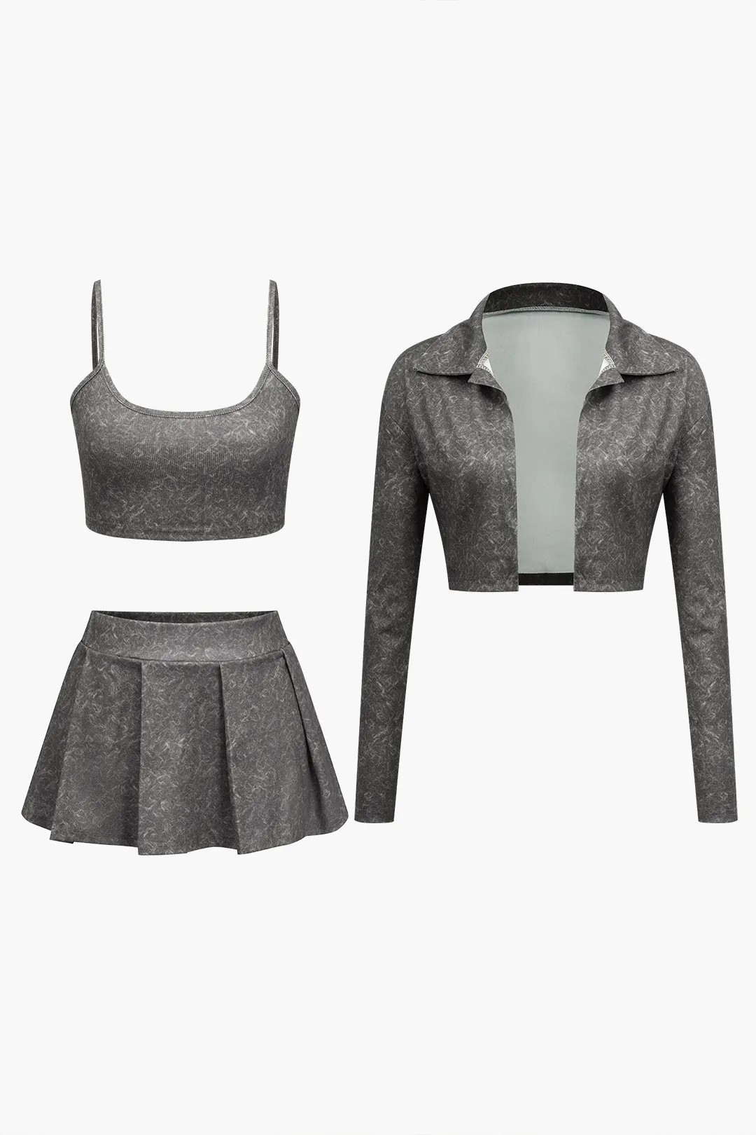 Crop Cami Top And Pleated Mini Skirt Set And Shirt Three-Piece Set