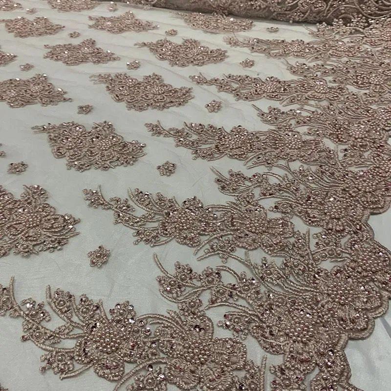 Dusty Rose Beaded Fabric _ Lace Floral embroidered fabric _ Bridal Fabric