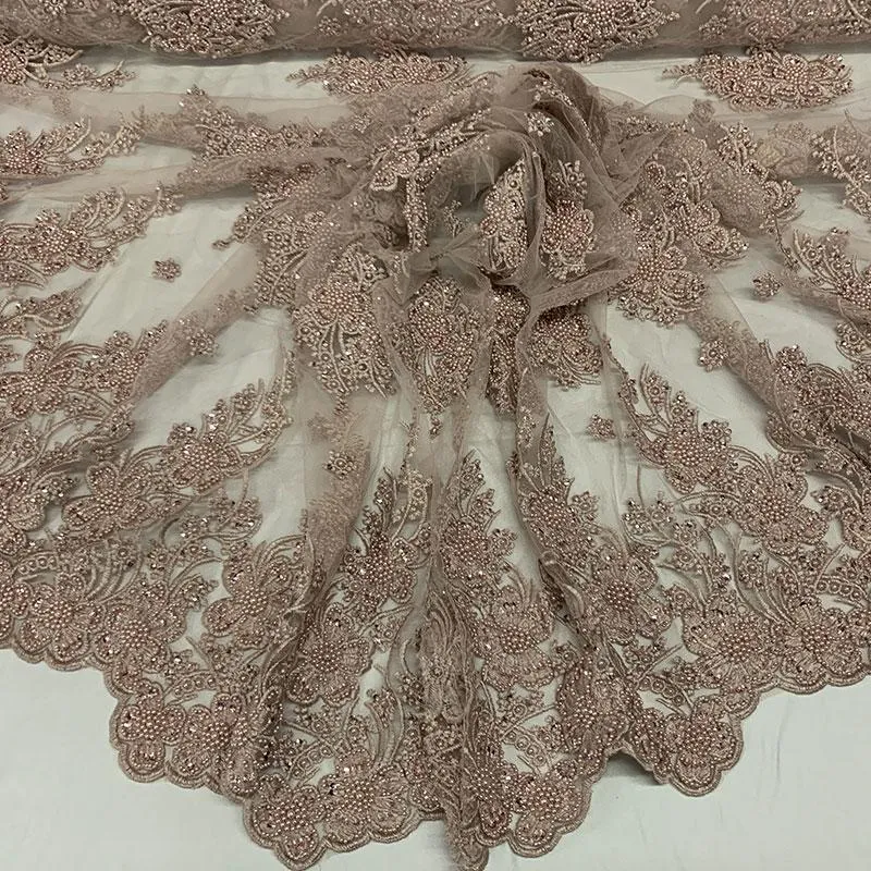 Dusty Rose Beaded Fabric _ Lace Floral embroidered fabric _ Bridal Fabric