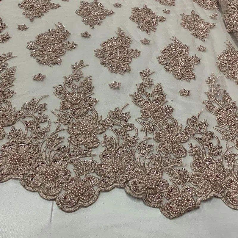 Dusty Rose Beaded Fabric _ Lace Floral embroidered fabric _ Bridal Fabric