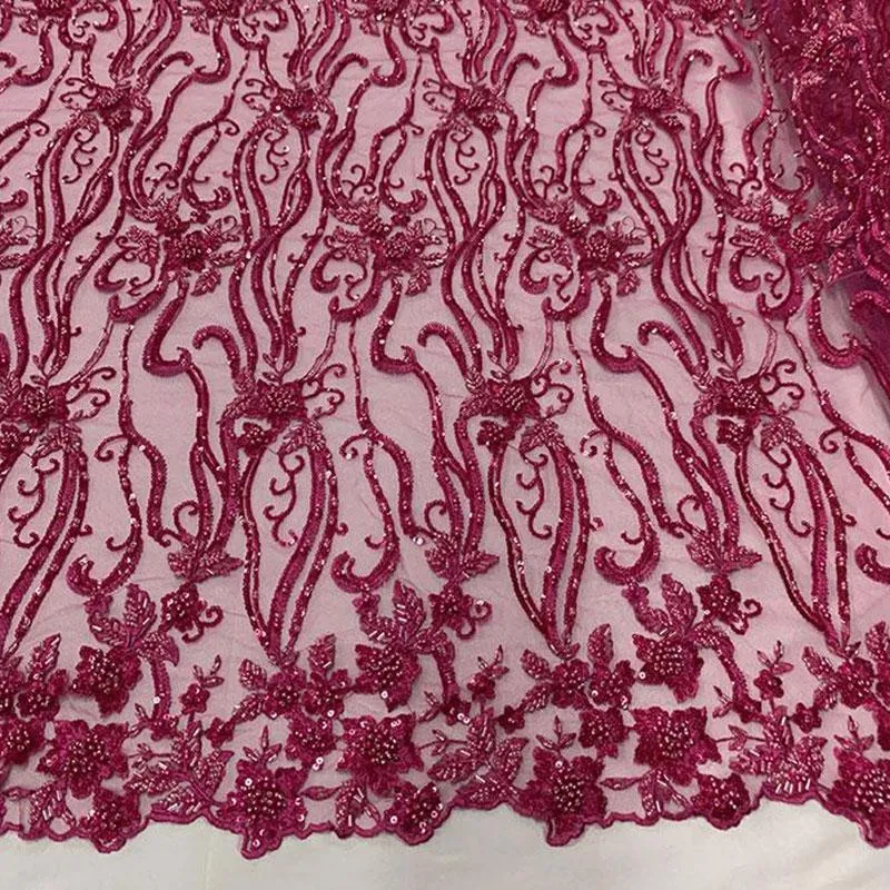 Elegant Flowers Embroidery Bridal Floral Beaded Mesh Lace Fabric