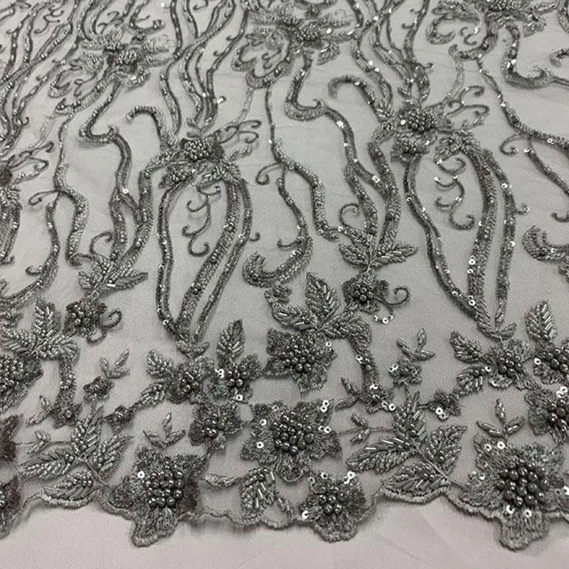 Elegant Flowers Embroidery Bridal Floral Beaded Mesh Lace Fabric