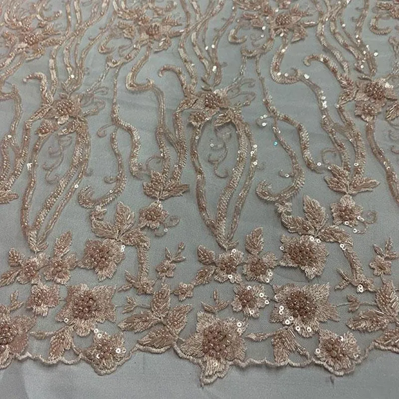 Elegant Flowers Embroidery Bridal Floral Beaded Mesh Lace Fabric