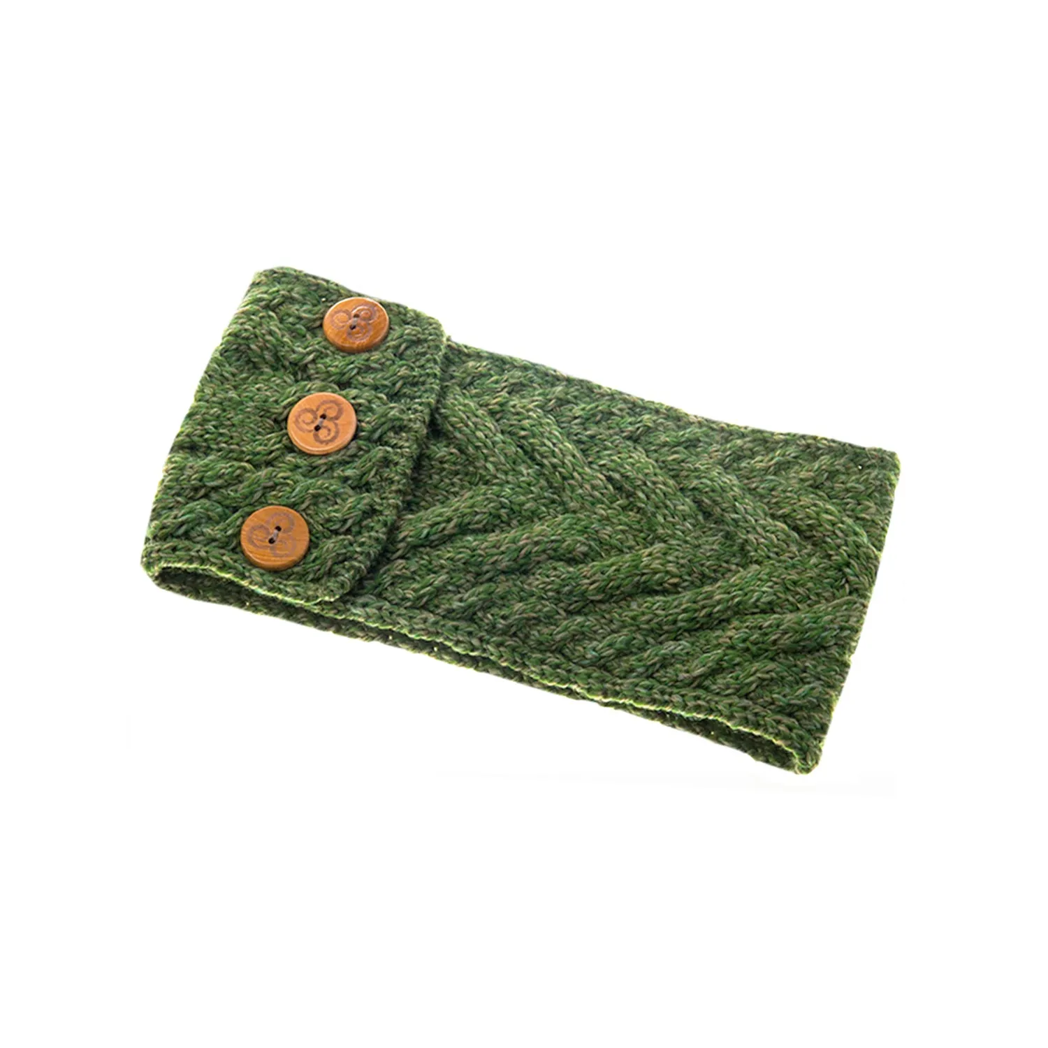 Green Aran Knitted Headband with Buttons