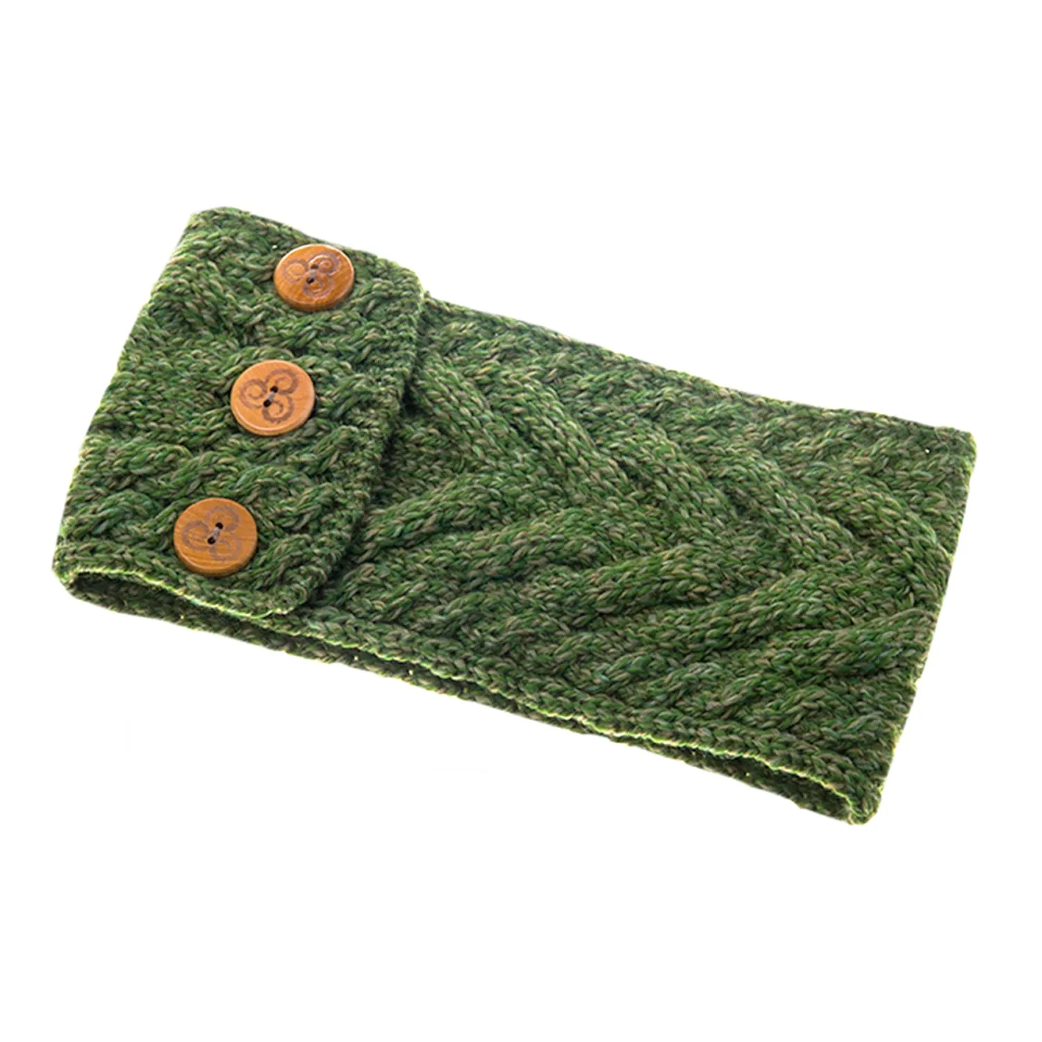 Green Aran Knitted Headband with Buttons