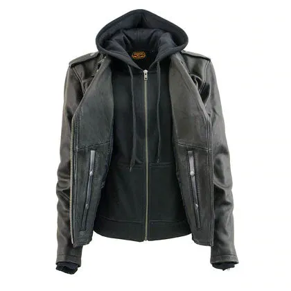 Ladies Black Vented MC Jacket with Removable Hoodie