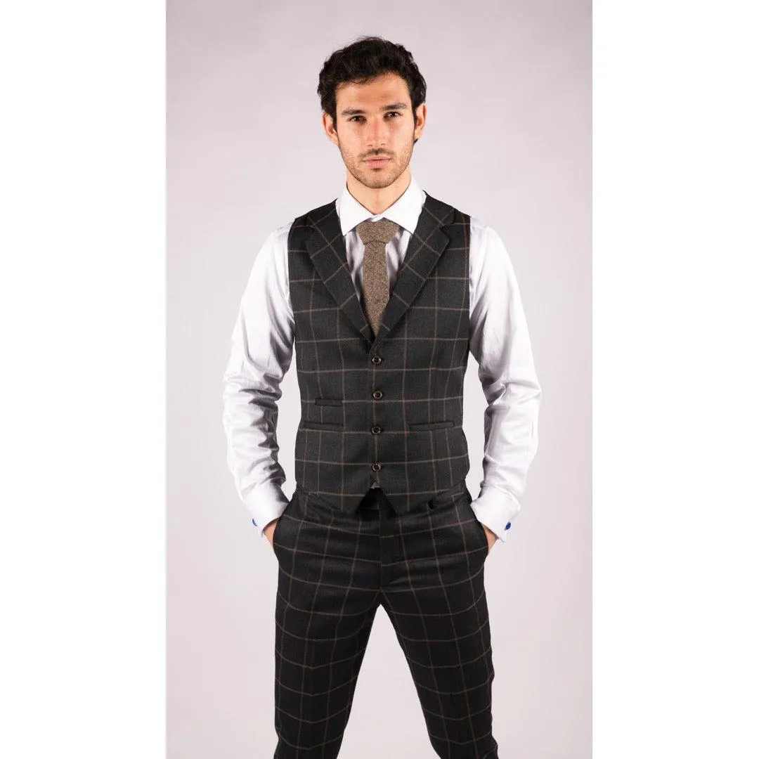 Mens Blue 3 Piece Suit Tan Check Classic Wedding Prom Peaky Tweed Vintage