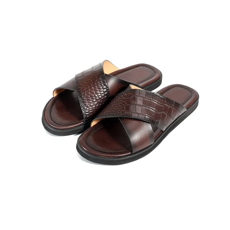 Men's Genuine Leather Round Toe Slip-On Closure Luxury Slippers