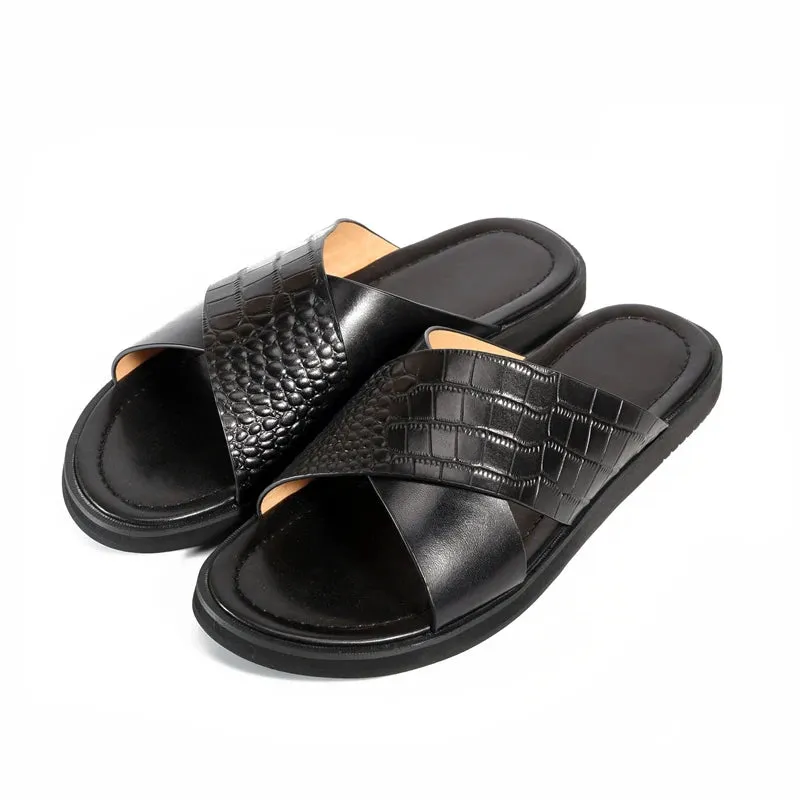 Men's Genuine Leather Round Toe Slip-On Closure Luxury Slippers