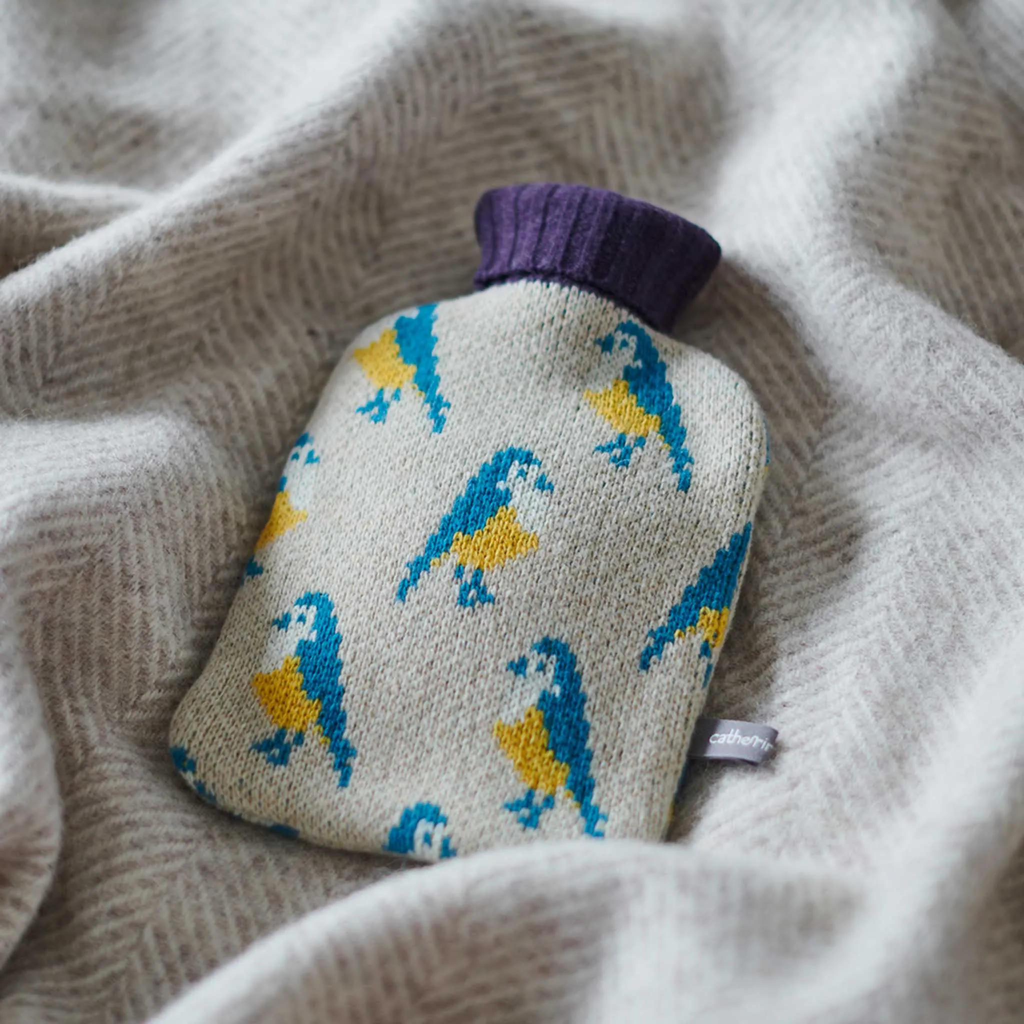 Mini Lambswool Hot Water Bottle Set - Oatmeal Blue Tits