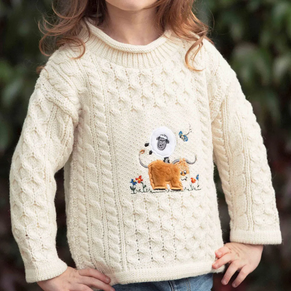 Natural Kids Unisex Crew Neck Embroidered Aran Sweater