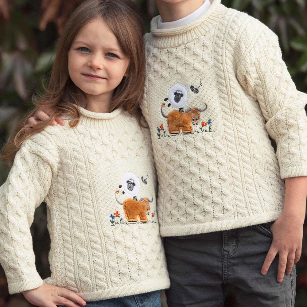 Natural Kids Unisex Crew Neck Embroidered Aran Sweater