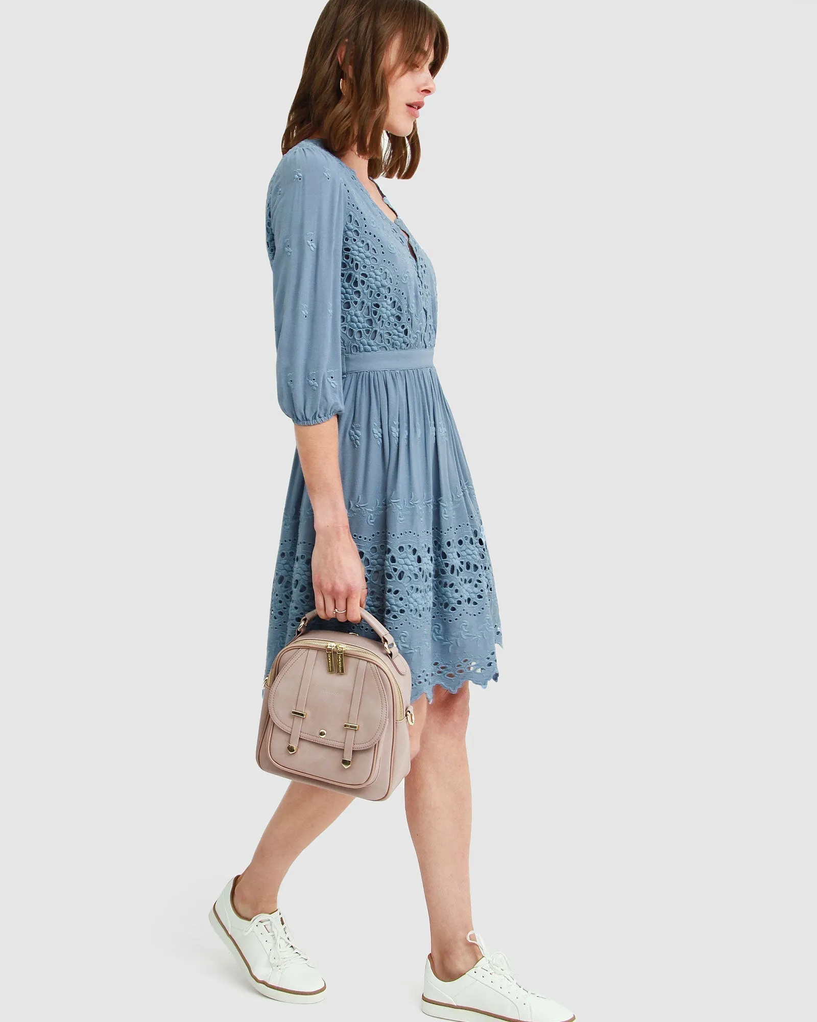 Sweet Talk Eyelet Mini Dress - Dusty Blue