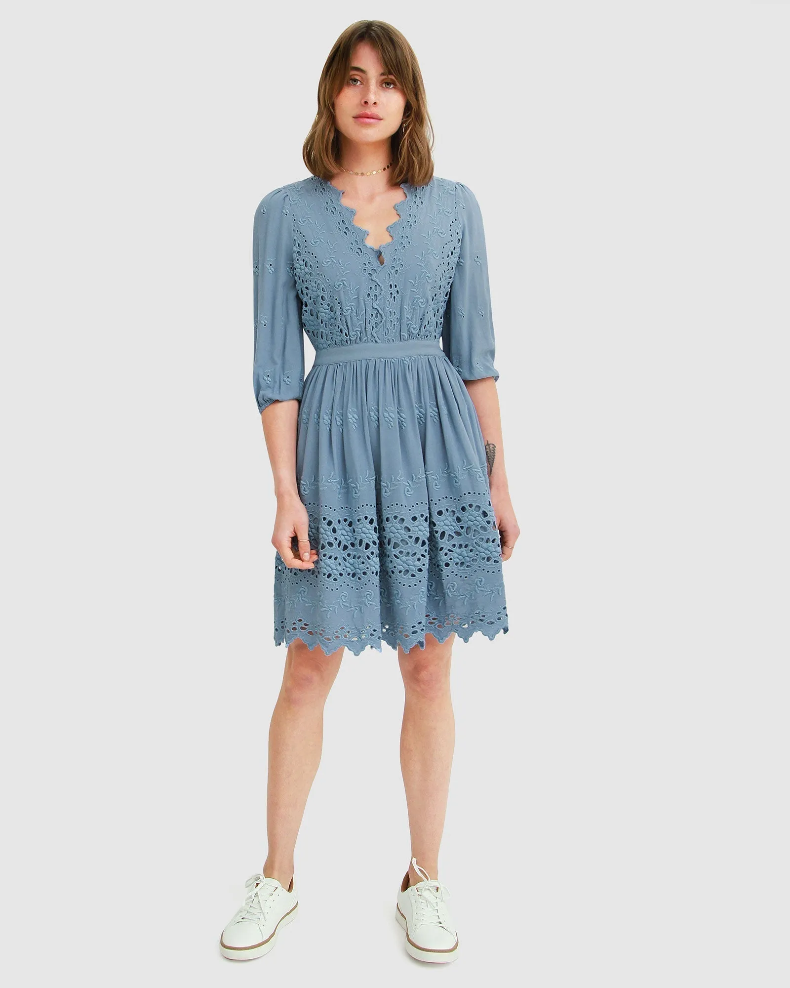 Sweet Talk Eyelet Mini Dress - Dusty Blue