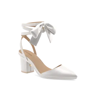 The D'Orsay - White Satin Bow   Block Heel Kit 3 White