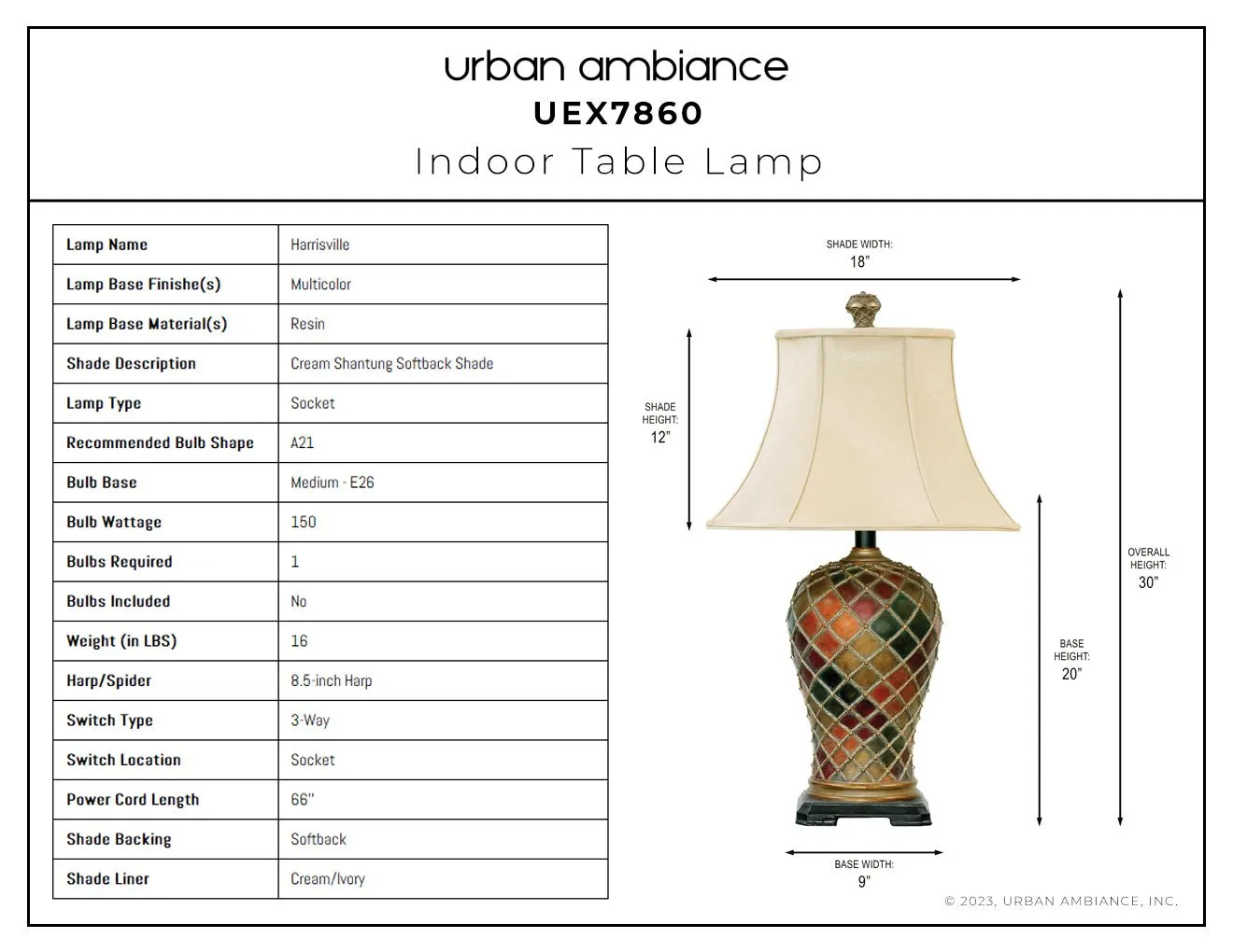 UEX7860 Mediterranean Table Lamp 19''W x 19''D x 30''H, Multicolor Finish, Harrisville Collection