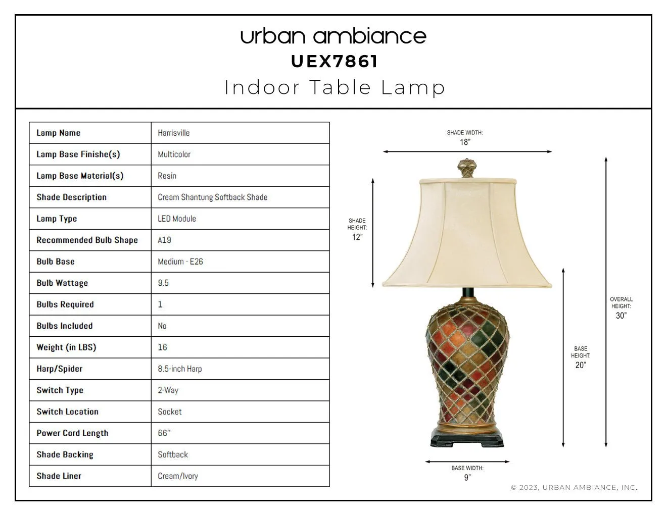 UEX7861 Mediterranean Table Lamp 18''W x 19''D x 30''H, Multicolor Finish, Harrisville Collection