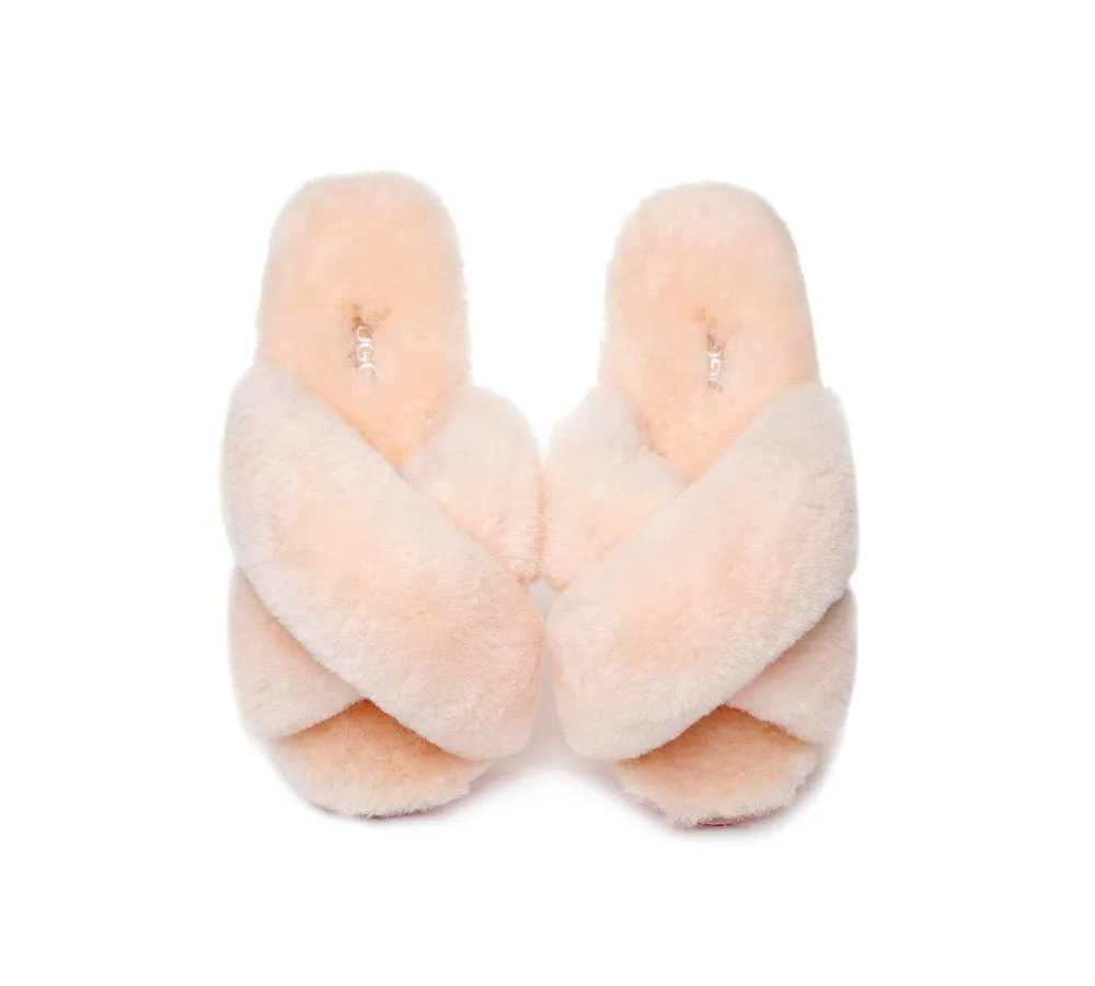 UGG Slides Sheepskin Wool Crossover Fluffy Slides Linty