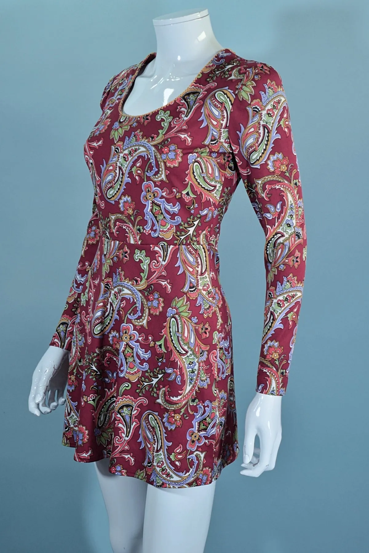 Vintage 60s Burgundy Paisley Mini Dress S