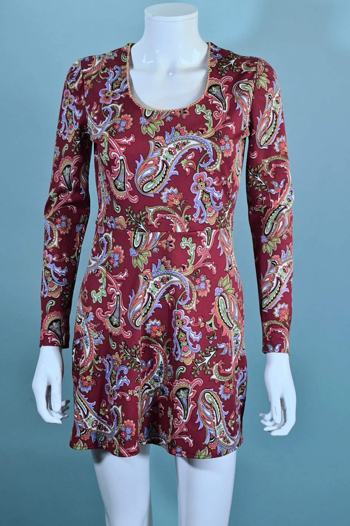 Vintage 60s Burgundy Paisley Mini Dress S