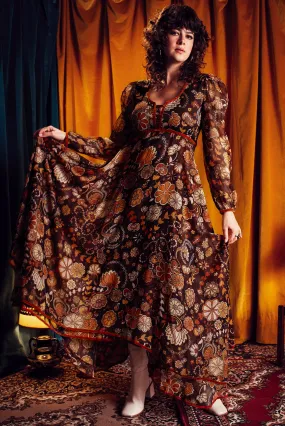 Voodoo Child Brown Floral Trimmed Midi Dress - SSA547 - UK10